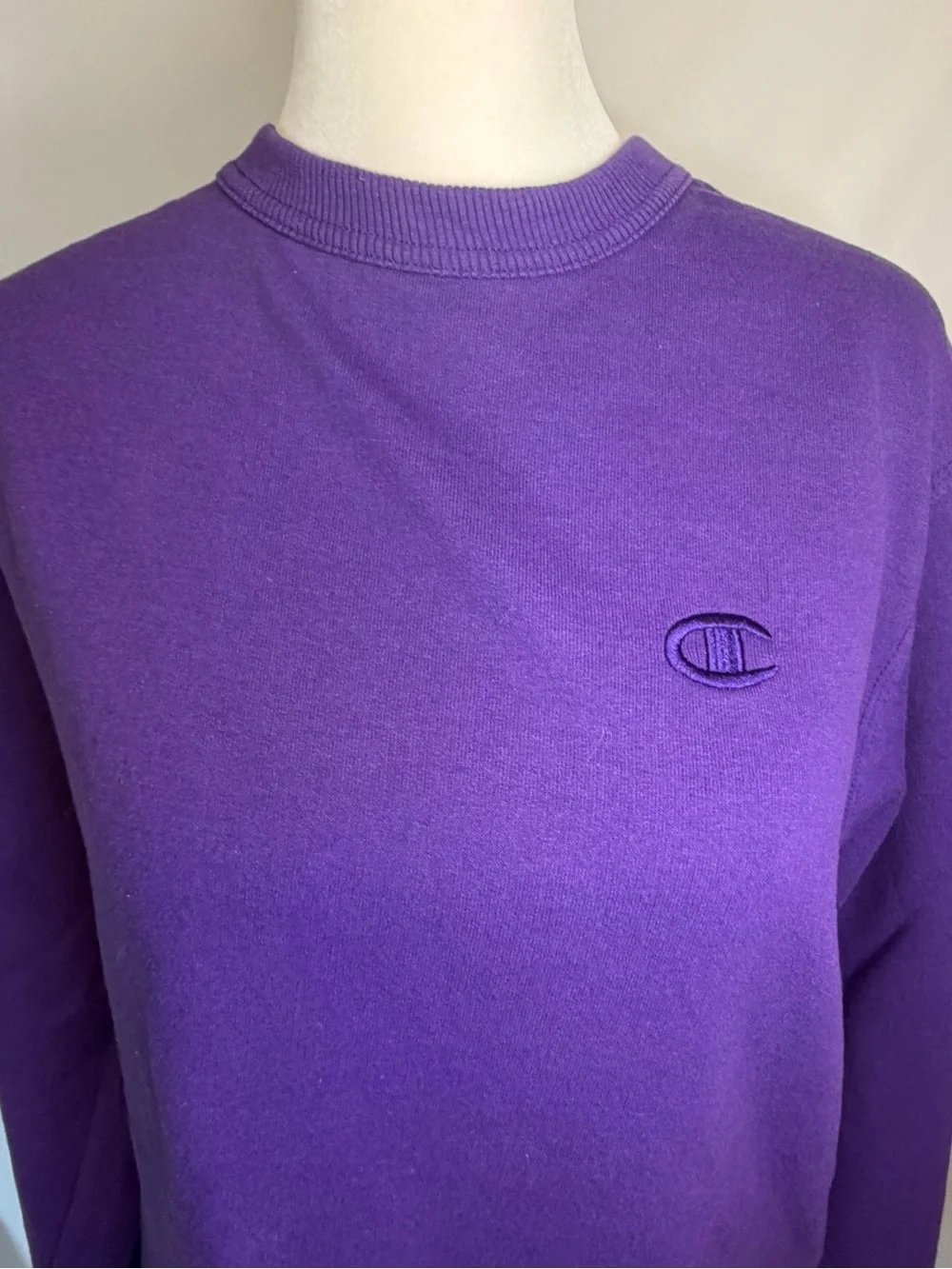 Champion Purple Crewneck Sweatshirt with Stitched Chest Logo, Sleeve Patch